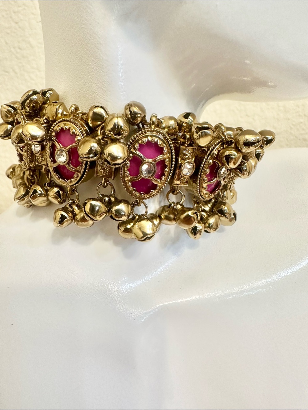 6-7.5” VTG India Gold & Fuchsia Charm Bell Bracelet (Gold Plating over Brass)